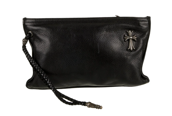 Chrome Hearts Silver Cross Leather Zip Clutch