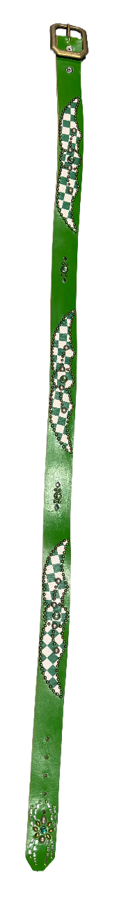 Studded 'Checkered Leather Spider Gem' Green Belt