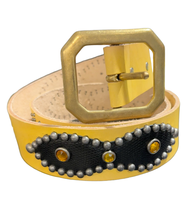 Studded 'Black Snakeskin Leather Sun Gem' Yellow Belt