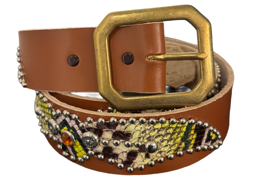 Studded 'Multicolor Yellow Snakeskin' Spider Gem Brown Leather Belt