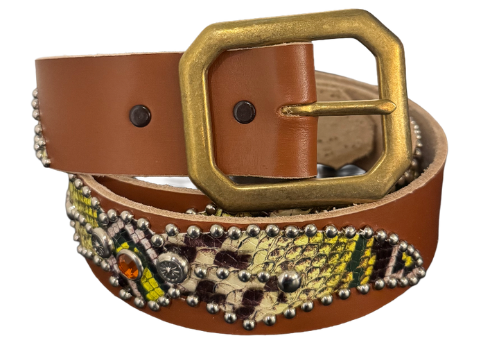 Studded 'Multicolor Yellow Snakeskin' Spider Gem Brown Leather Belt
