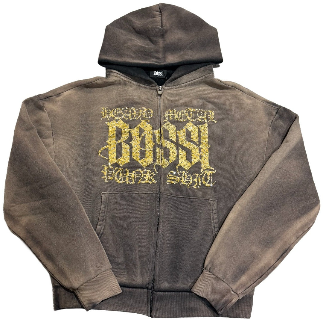 Bossi 'Gold Heavy Metal' Washed Brown Rhinestone Zip-Up