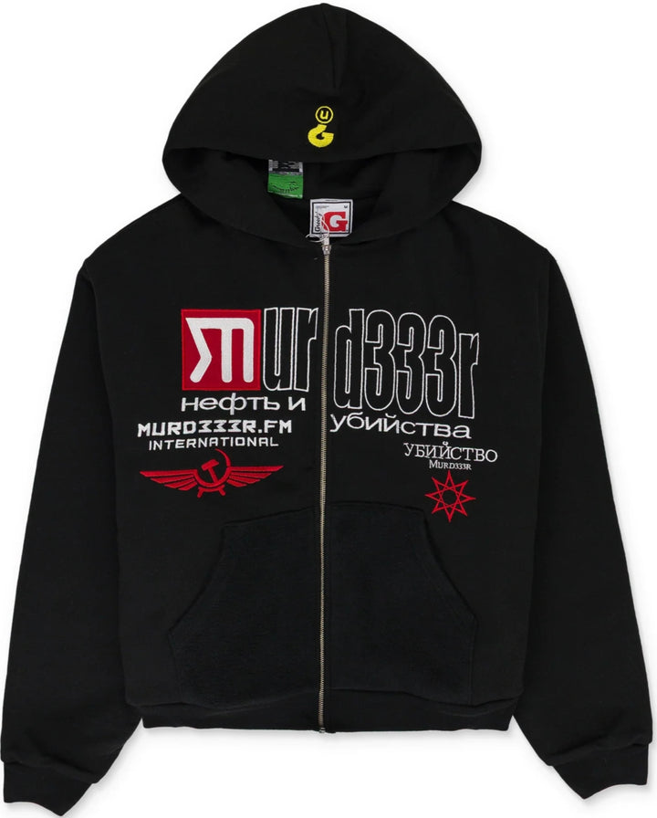 Murd333r.fm x Greedy Unit 'Oil' Black Zip Up Hoodie