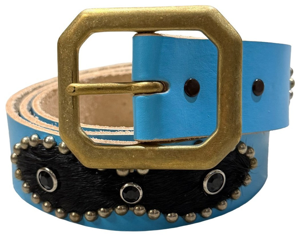 Studded 'Black Pony Hair/Black Gem' Blue Belt