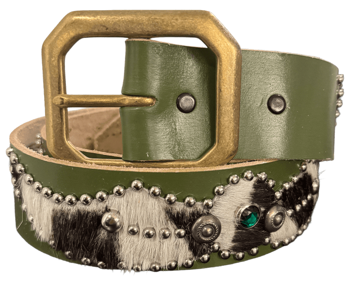 Studded 'Zebra Hair' Spider Gem Olive Leather  Belt