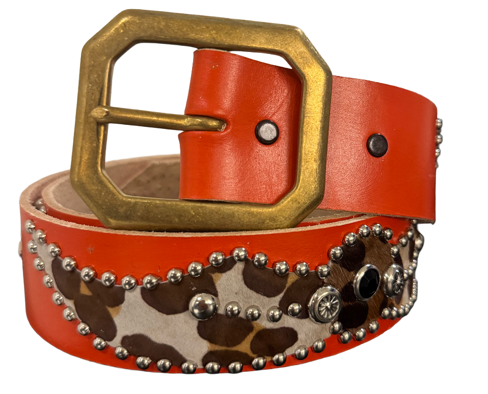 Studded 'Cow Hair Print' SPider Gem Orange Leather Belt