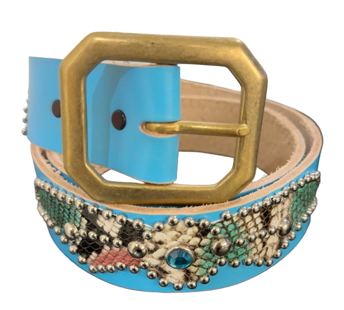 Studded 'Multi Color Snakeskim Spider Gem' Baby Blue Belt