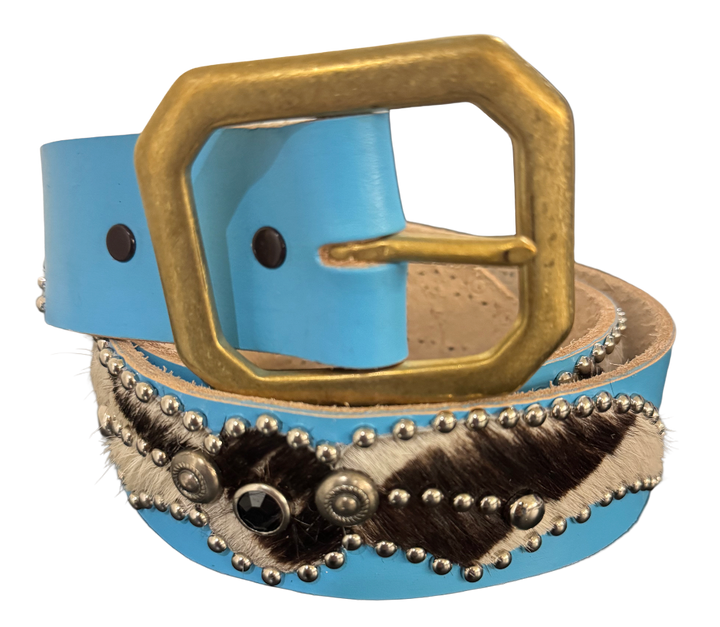 Studded 'Zebra Hair' Spider Gem Baby Blue Leather Belt