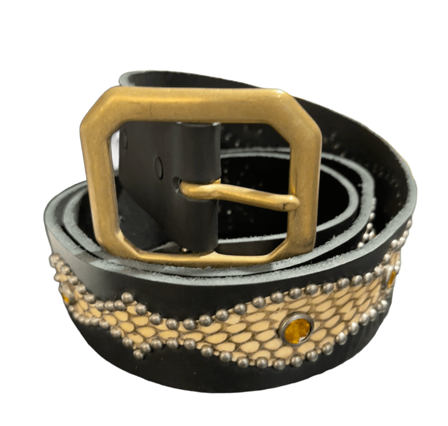 Studded 'Tan Snakeskin Orange Sun Gem' Black Belt