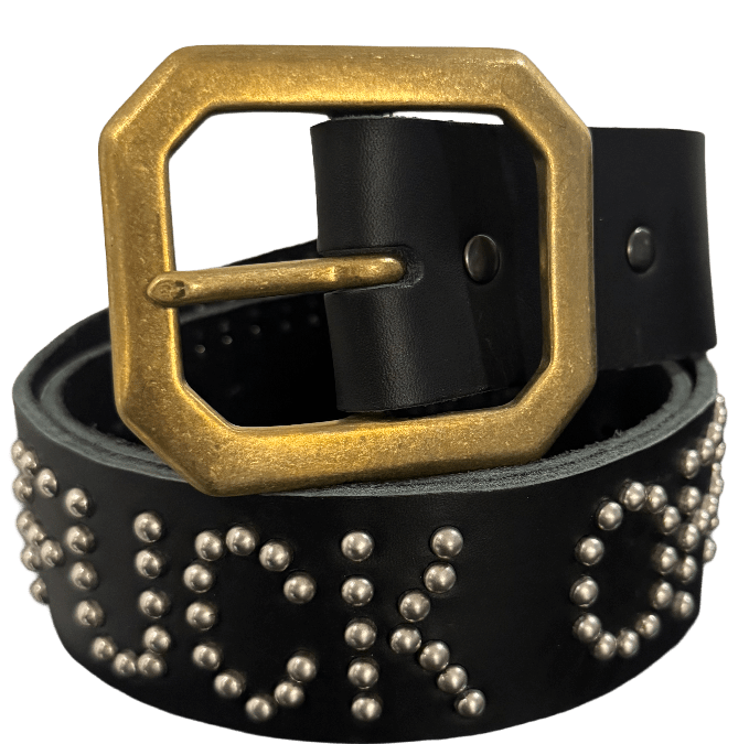 Studded Square Patch 'White/Brown Hair' Fuck Off Sun Gem Black Leather Belt
