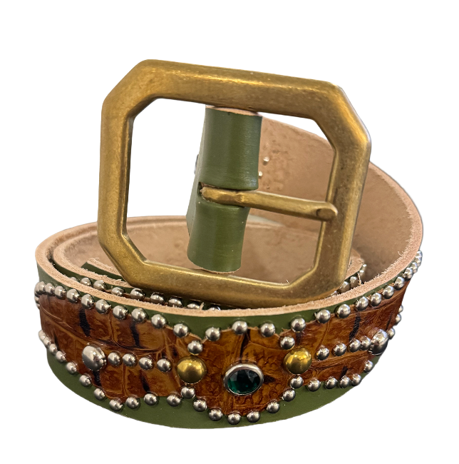 Studded 'Brown Scale Spider Gem' Olive Belt