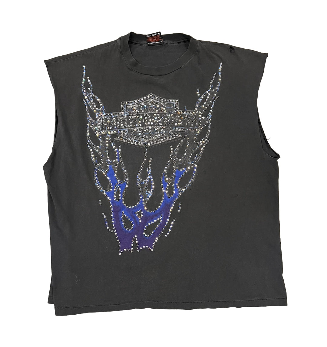 Harley Davidson 'Blue Flame' Rhinestone Vintage Cutoff