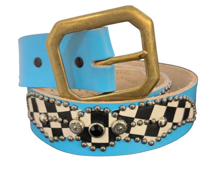 Studded 'Checkered Leather' Spider Gem Baby Blue Belt