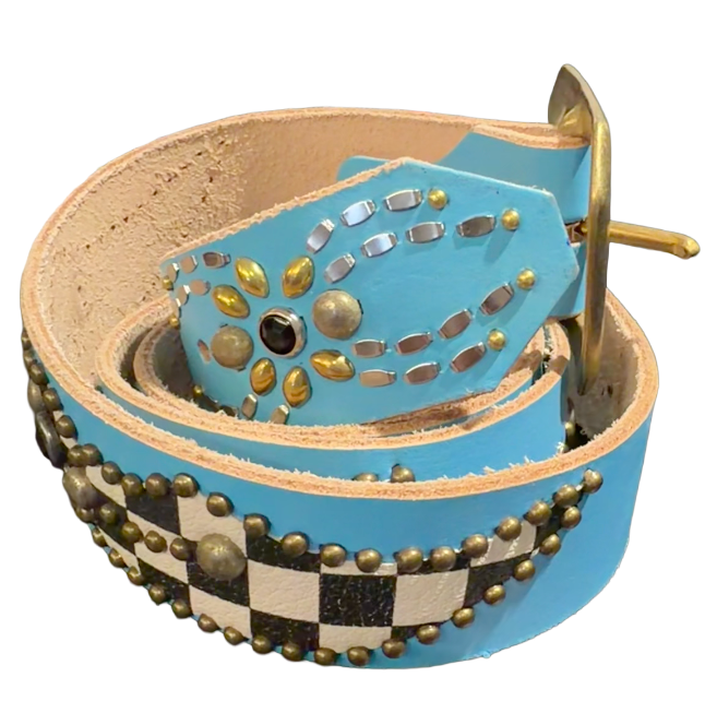 Studded 'Checkered Leather/Spider Gem' Baby Blue Belt