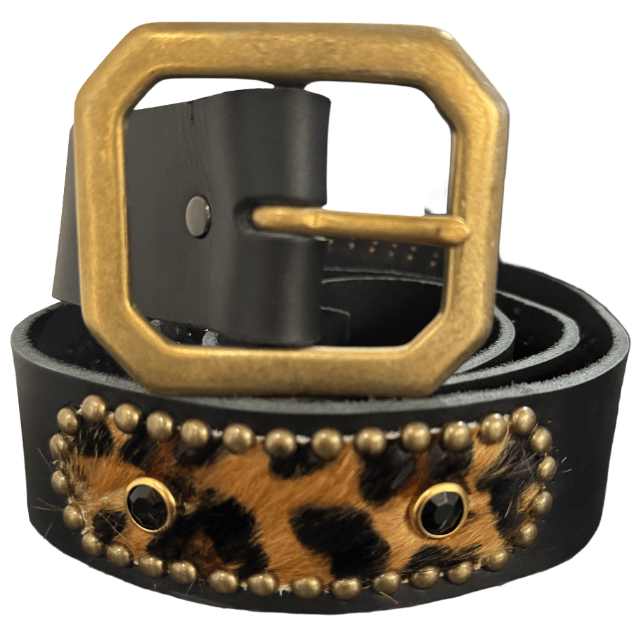Studded 'Cheetah Hair' Sun Gem Black Leather Belt