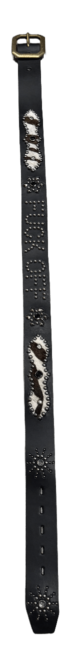 Studded 'White/Brown Pony Hair' Fuck Off Sun Gem Black Leather Belt
