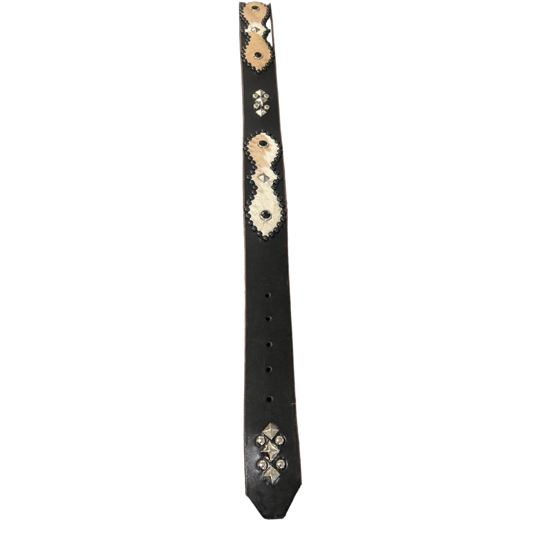 Studded 'White/Brown Hair' Black Gem Leather Belt
