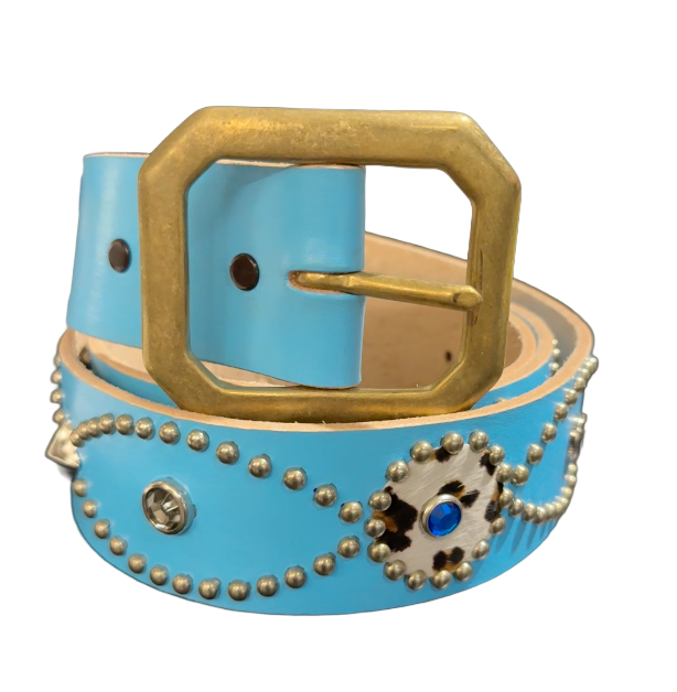 Studded 'Silver Loop/ Cow Fur Gem' Baby Blue Belt