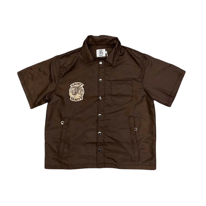 Saint Vanity 'Brown' Nylon Button Up Top with Removable Hood