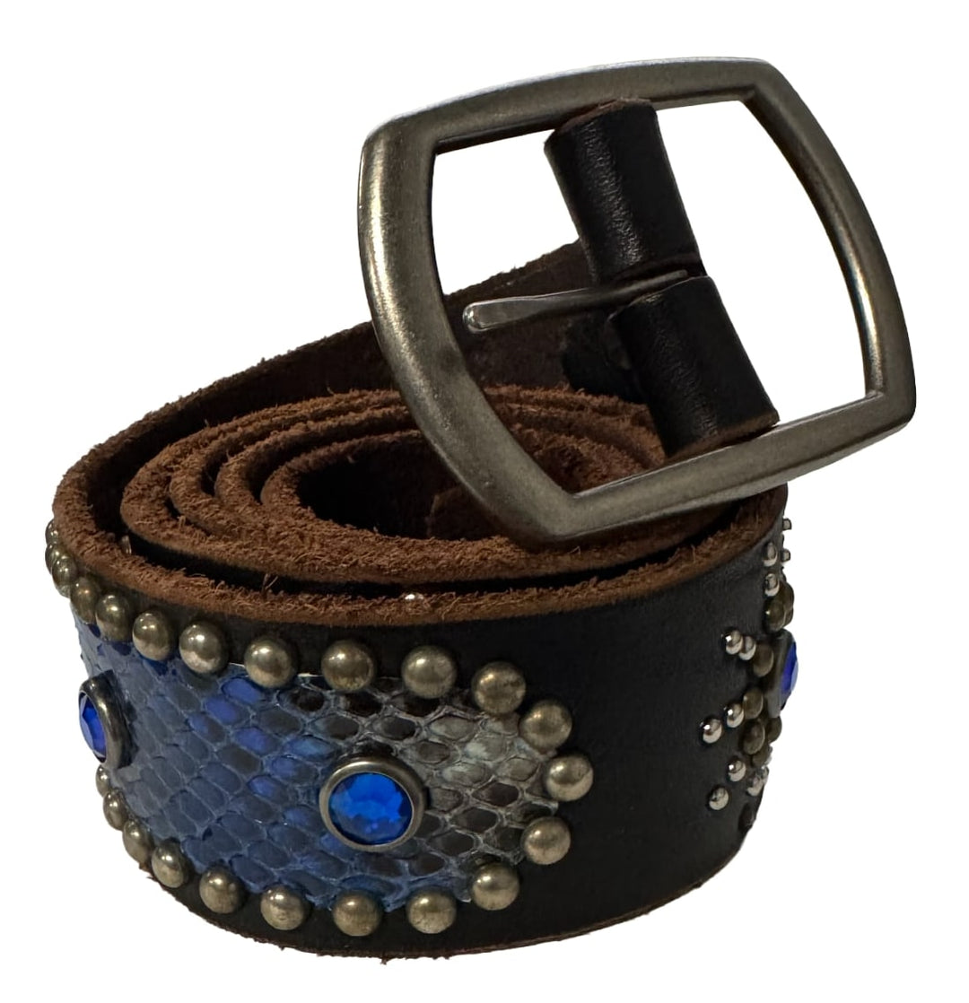 Studded 'Blue Snakeskin Sun' Black Belt