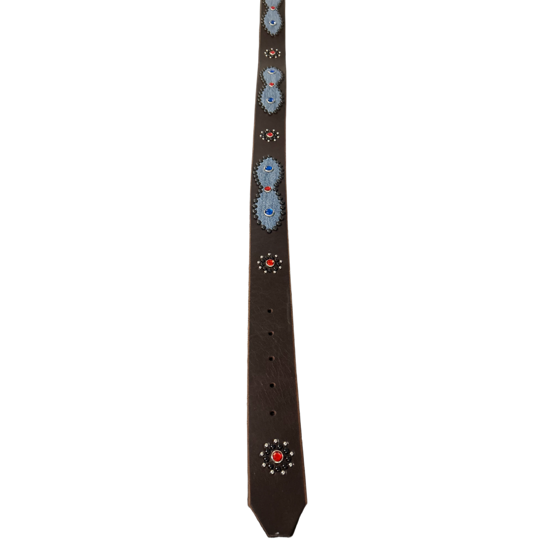 Studded 'Blue/Red Denim' Black Gem Leather Belt