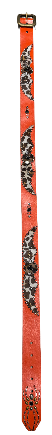 Studded 'Cow Hair Print' SPider Gem Orange Leather Belt
