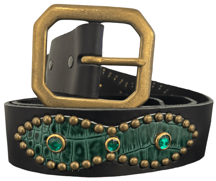 Studded 'Green Scale' Sun Gem Black Leather Belt