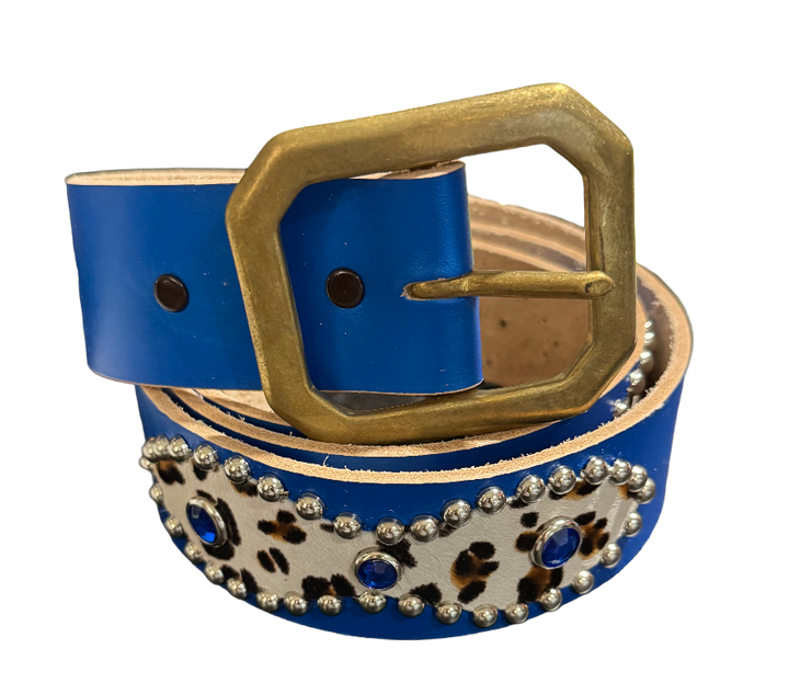 Studded 'White Leopard Fur Sun Gem' Blue Belt