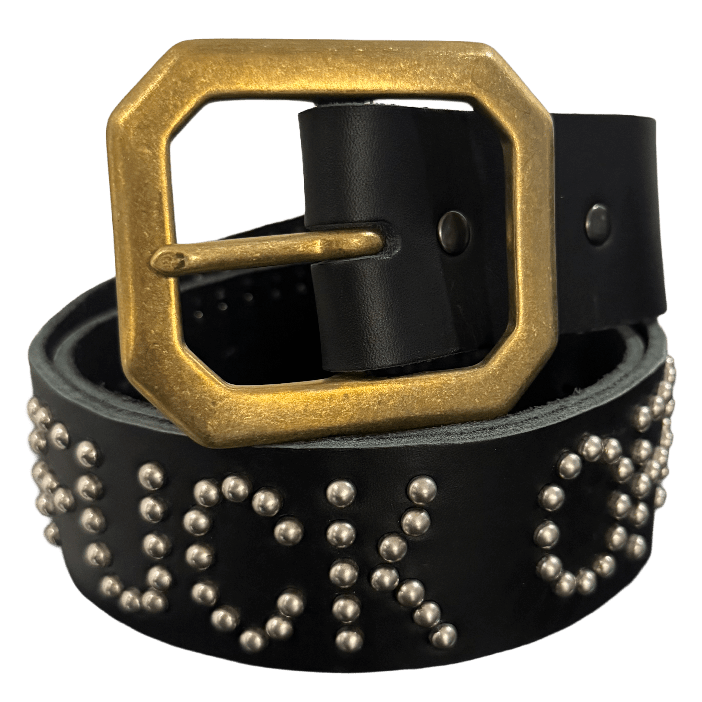 Studded Square Patch 'White/Brown Pony Hair' Fuck Off Sun Gem Black Leather Belt