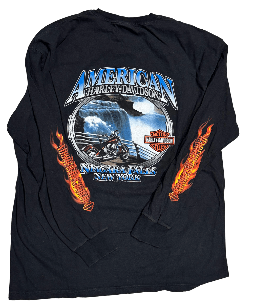 Harley Davidson 'Forged in Steel Niagara Falls NY' Vintage Longsleeve Black Tee