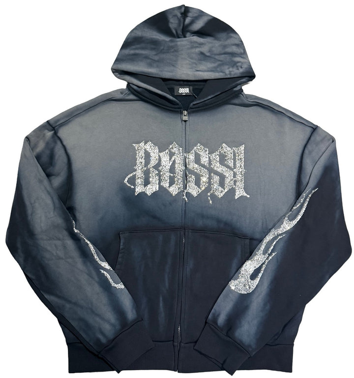 Bossi 'White and Silver' Washed Black Rhinestone Zip-Up
