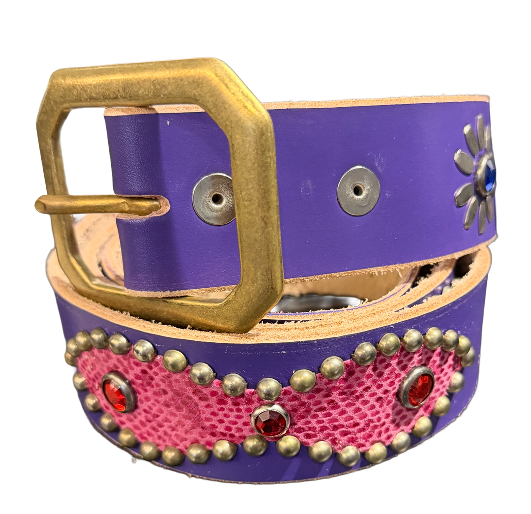 Studded 'Pink Snakeskin/ Blue Sun Gem' Purple Belt