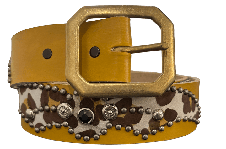 Studded 'Cow Print Felt' Spider Gem Mustard Leather Belt