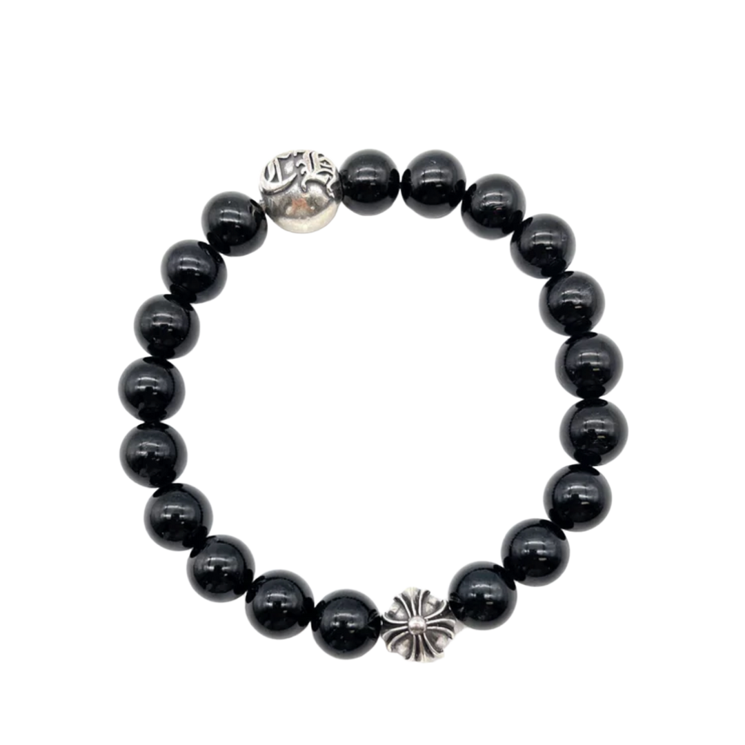Chrome Hearts 10mm '2 SIlver Beaded' Black Bracelet