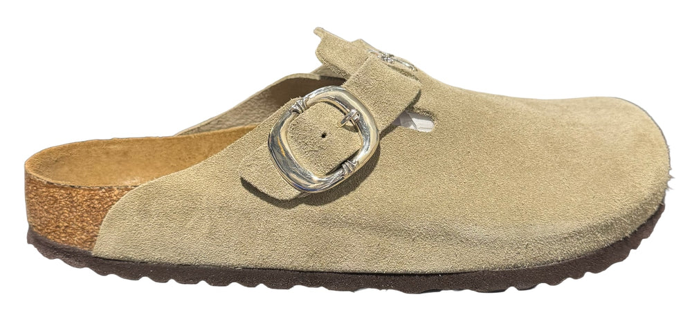 Chrome Hearts 'Silver Cross' Tan Birkenstock Boston Clogs