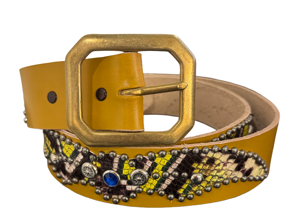 Studded 'Mulitcolor Yellow Snake Print' Spider Gem Tan Leather Belt
