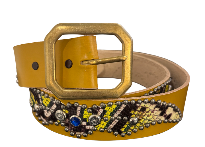 Studded 'Mulitcolor Yellow Snake Print' Spider Gem Tan Leather Belt