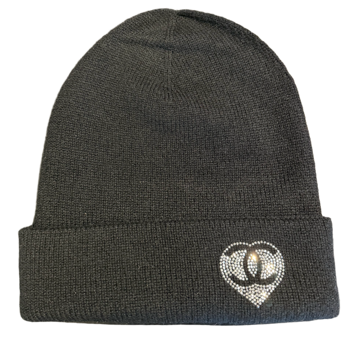 Chanel 'CC Heart' Crystal Embellished Cashmere Black Beanie