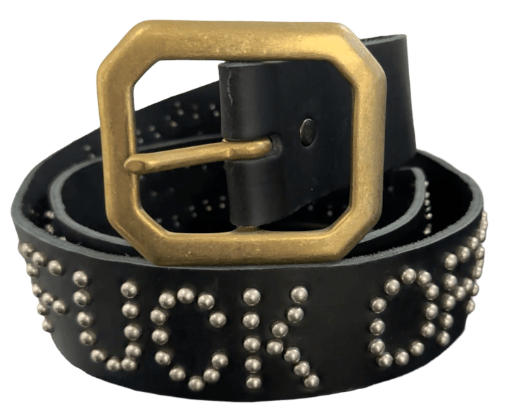 Studded 'White/Brown Pony Hair' Fuck Off Sun Gem Black Leather Belt
