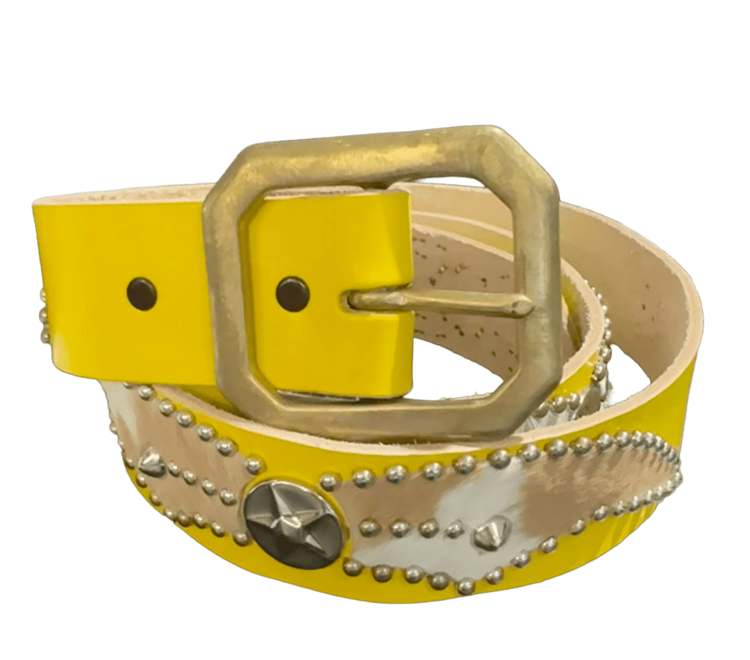 Studded 'Pony Hair Fur Star SIlver Spider Gem' Yellow Belt