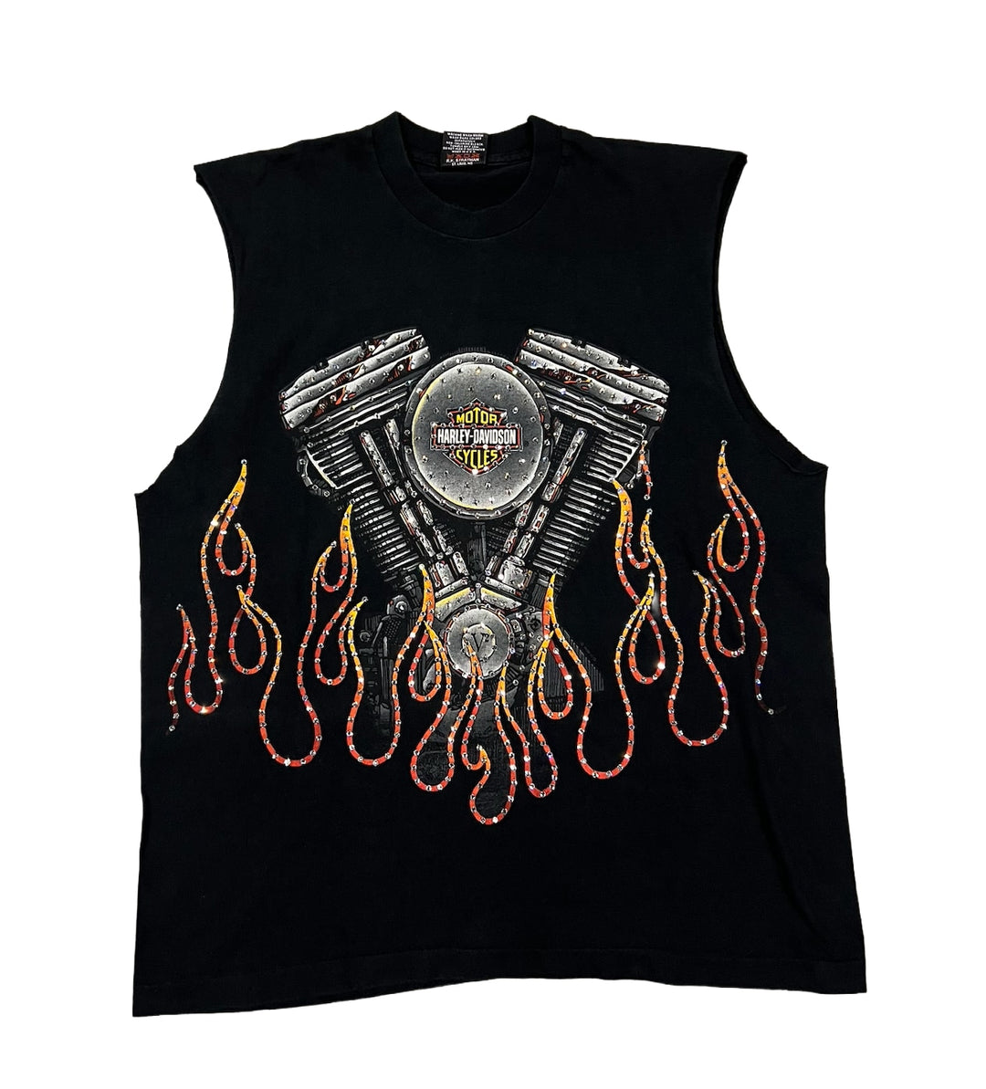 Harley Davidson 'V2 Flames' Rhinestone Vintage Cutoff