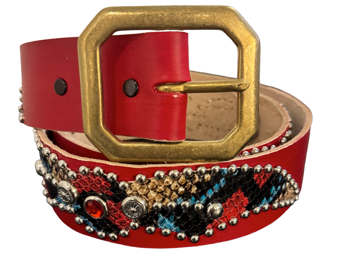 Studded 'Multi Color Snakeskin' Spider Gem Red Leather Belt