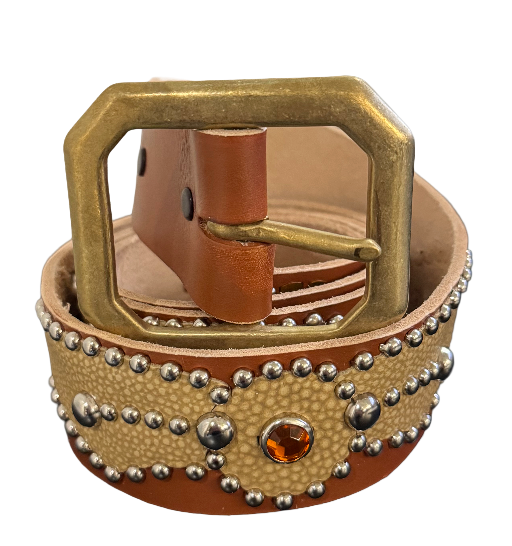 Studded 'Tan Snakeskin Sun Spider Gem' Brown Belt