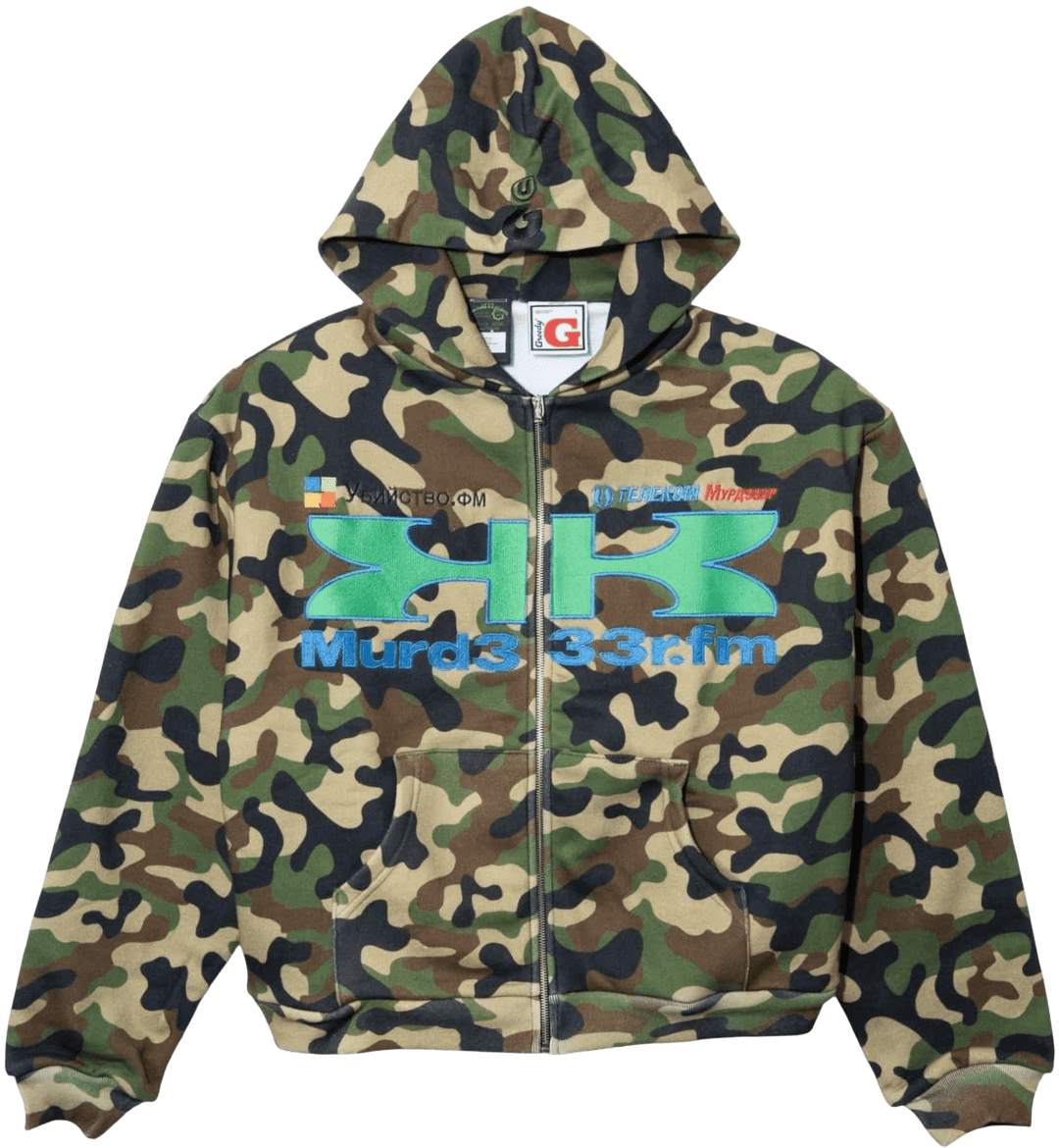 Murd333r.fm x Greedy Unit 'Green Camo' Zip Up Hoodie