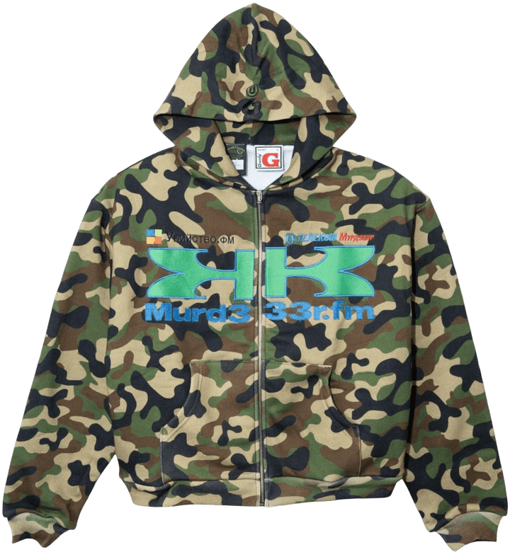 Murd333r.fm x Greedy Unit 'Green Camo' Zip Up Hoodie