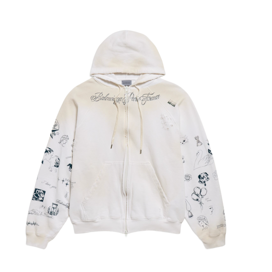 Balenciaga 'Classic Ink' White Zip Up Hoodie