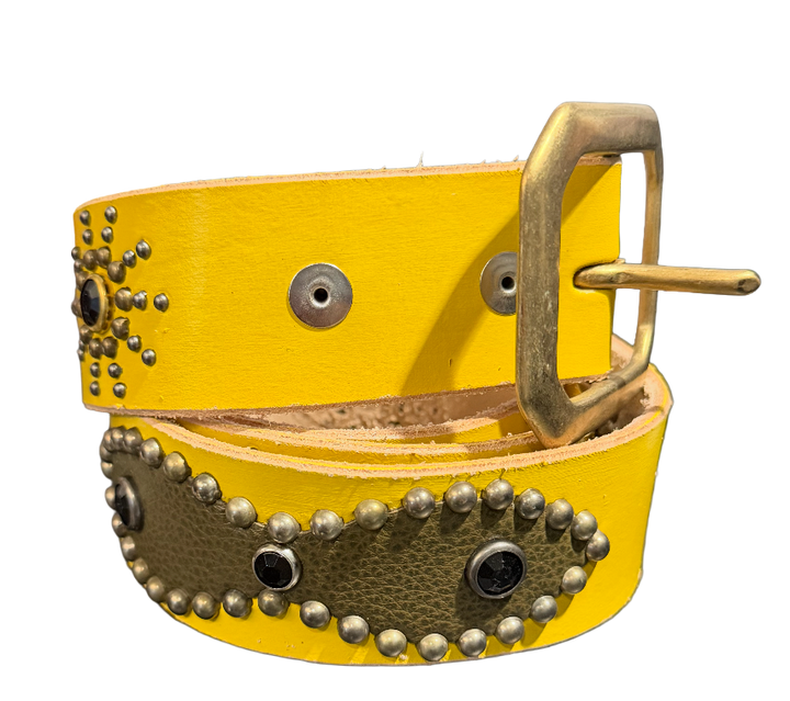 Studded 'Light Brown Leather' Sun Gem Yellow Belt