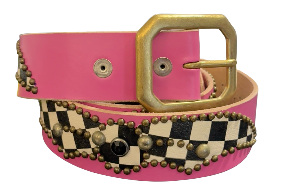 Studded 'Checkered Leather/ Spider Gem' Pink Belt