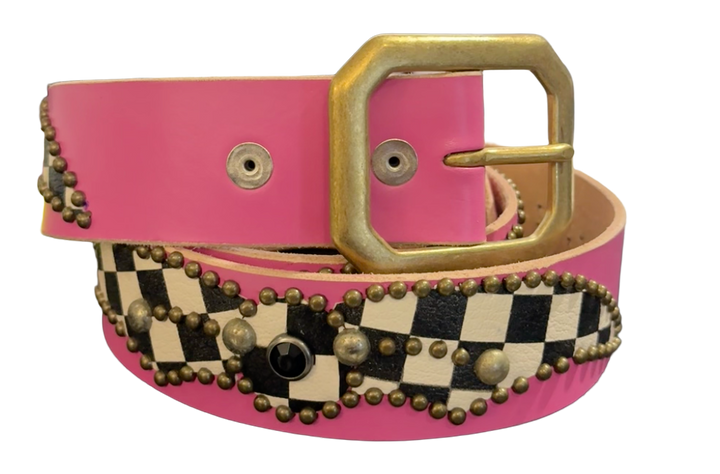 Studded 'Checkered Leather/ Spider Gem' Pink Belt