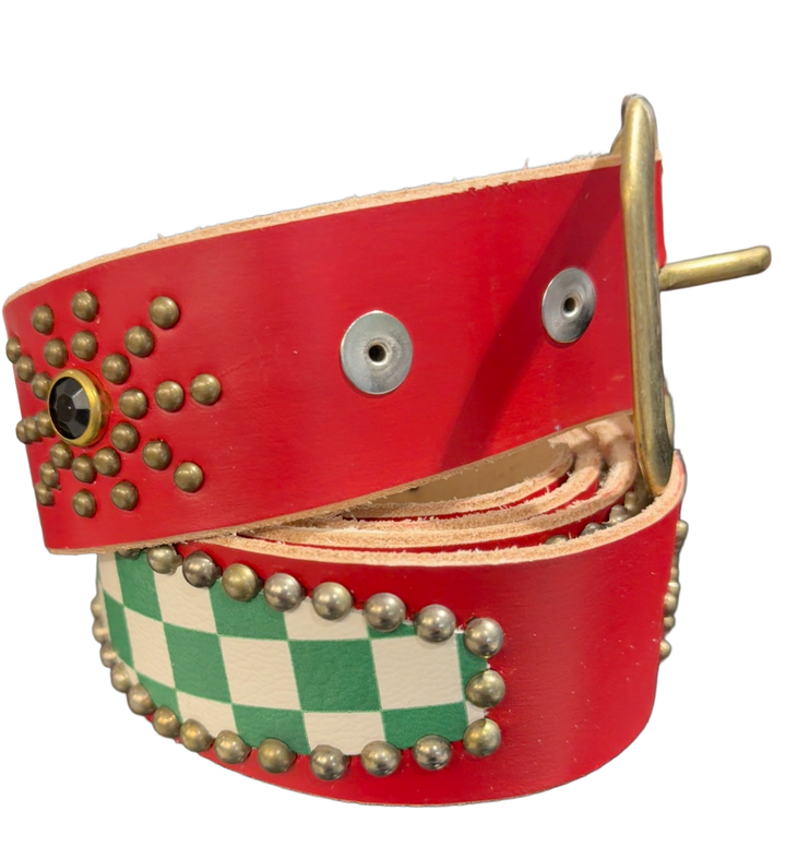 Studded 'Green Checkered Leather/ Sun Gem' Red Belt
